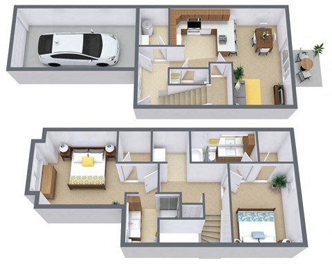 Floor plan for 2 beds, 2.5 baths, 1075 sqft